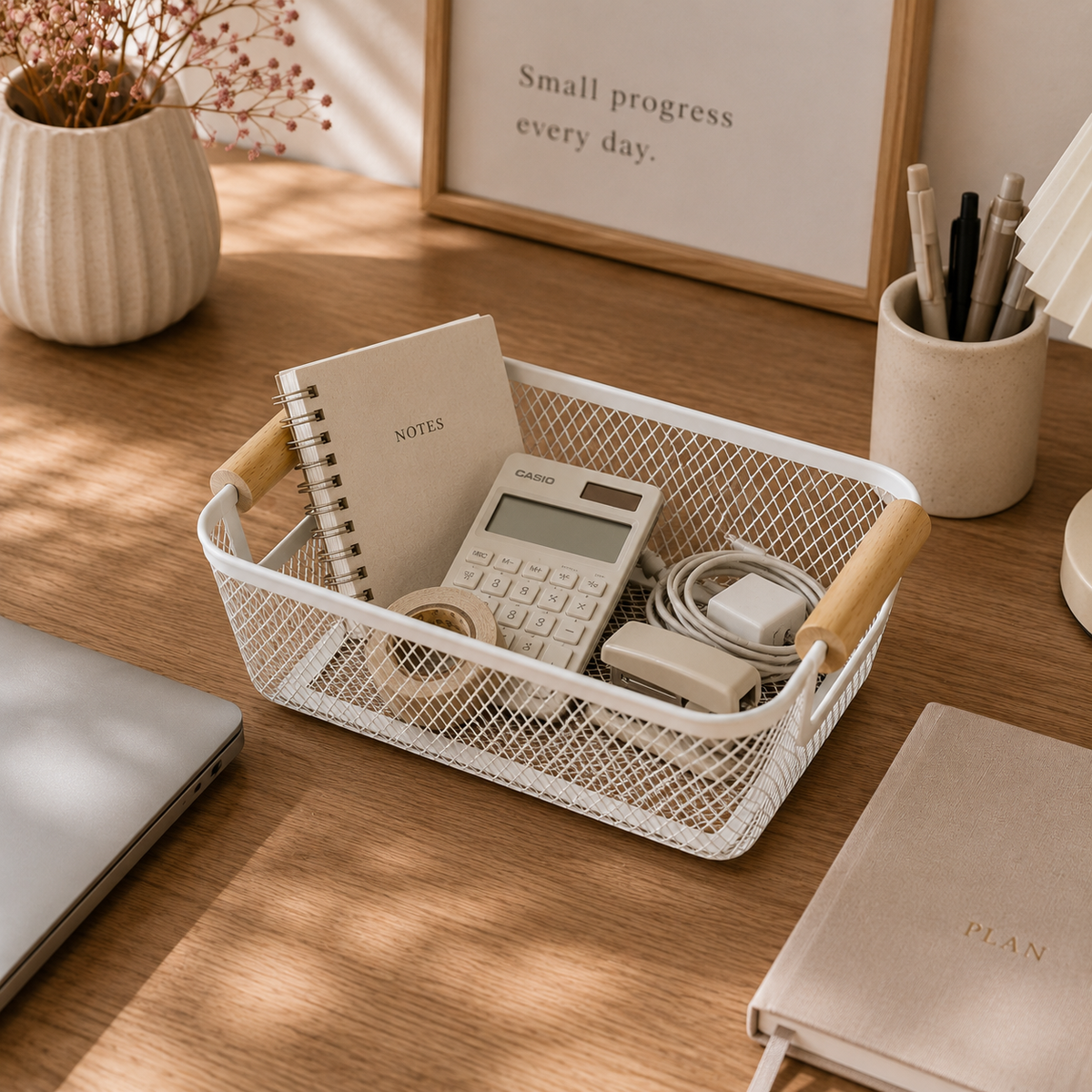 Metal mesh desktop organizer holding a notebook, calculator, charger and cable on a work desk
