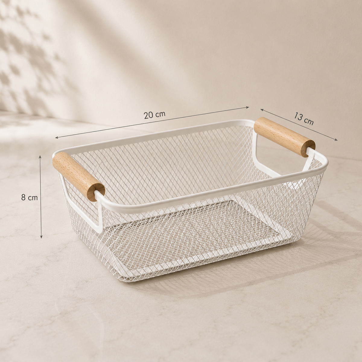 Metal mesh desktop organizer with wooden handles showing 20 × 13 × 8 cm dimensions