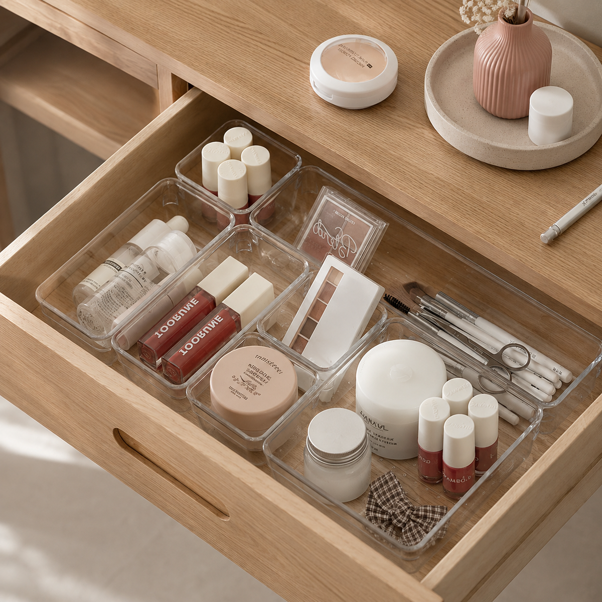 Clear acrylic drawer organizers arranged in a vanity drawer to neatly separate makeup, skincare and beauty essentials.