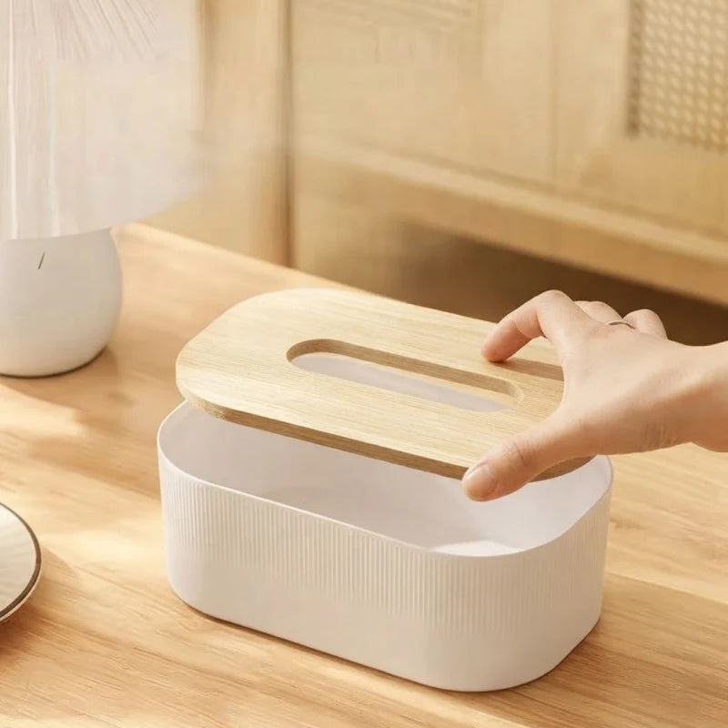 Minimal ribbed tissue box with removable wood-look lid shown open for easy tissue refilling.