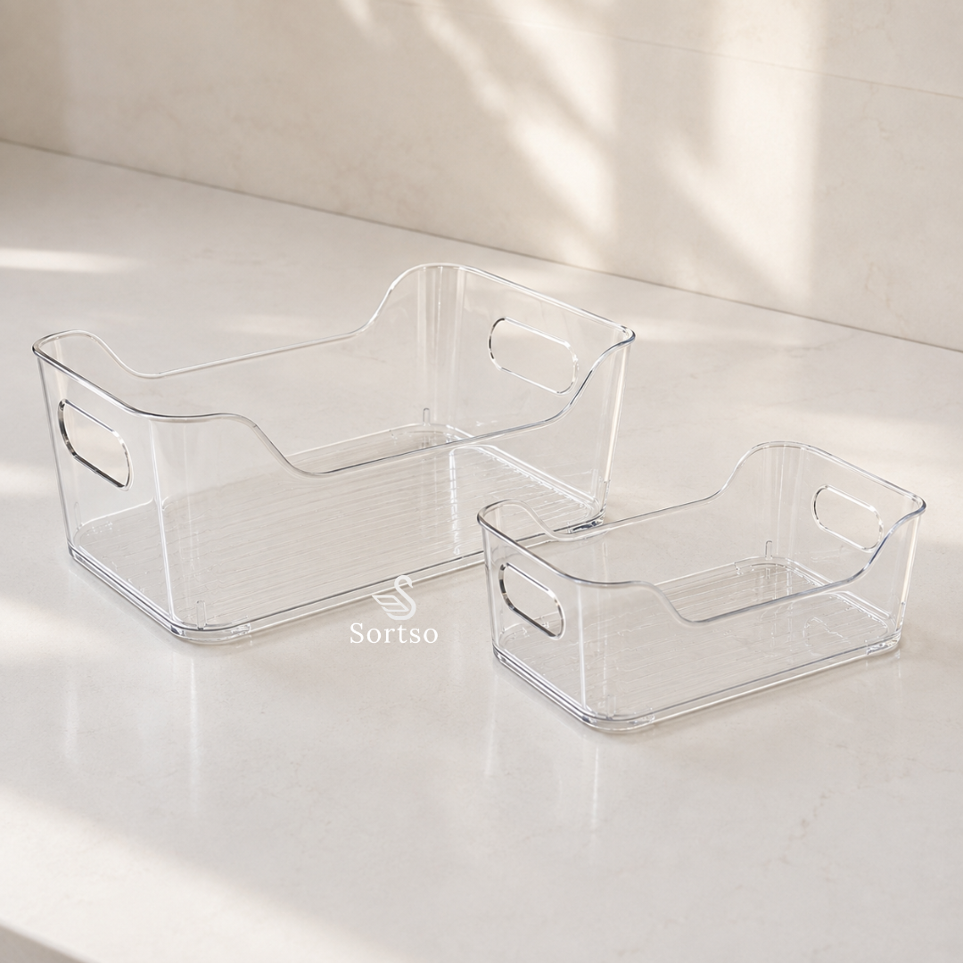 Clear fridge organizer bins in two sizes with built-in handles