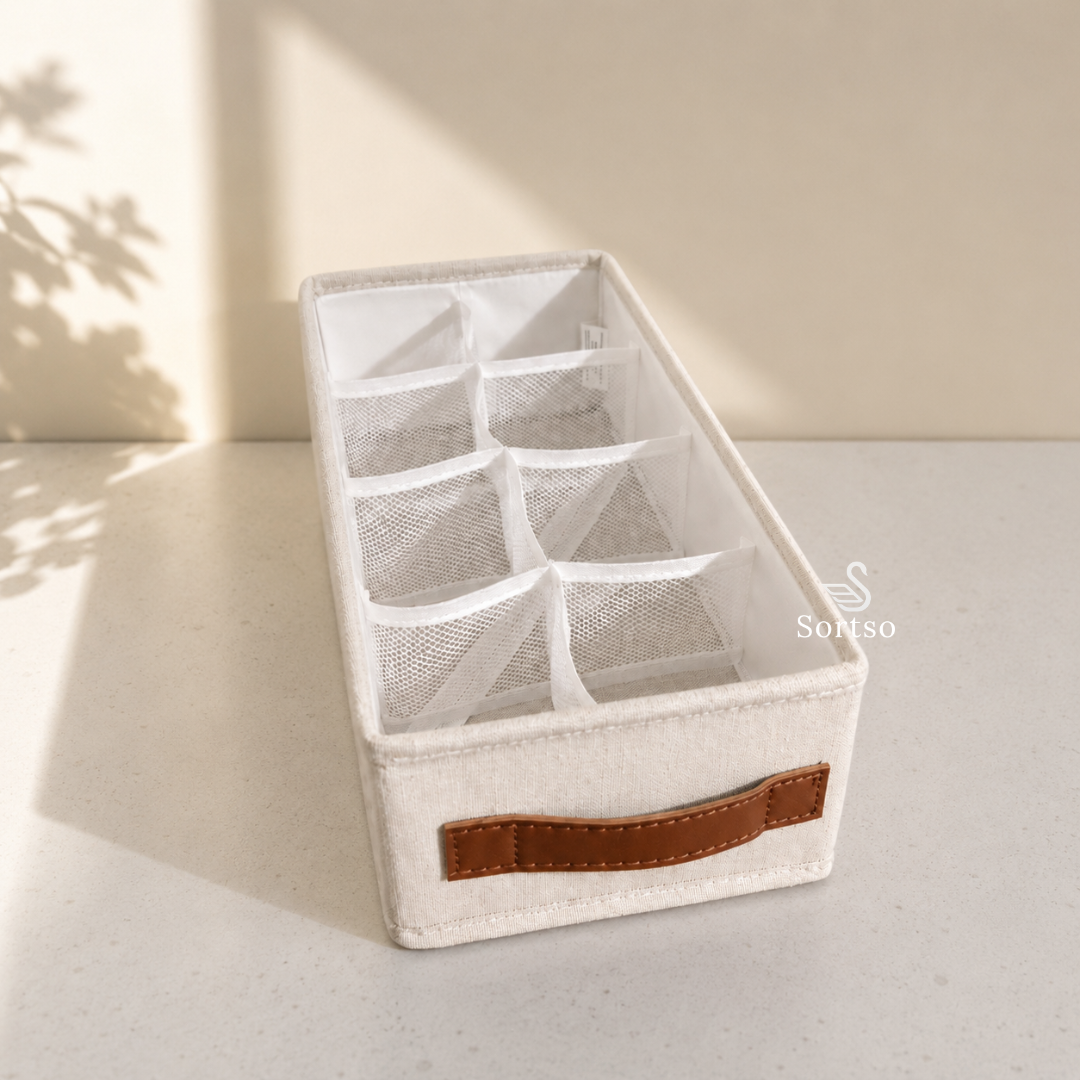 8-compartment mesh clothes organizer with front handle