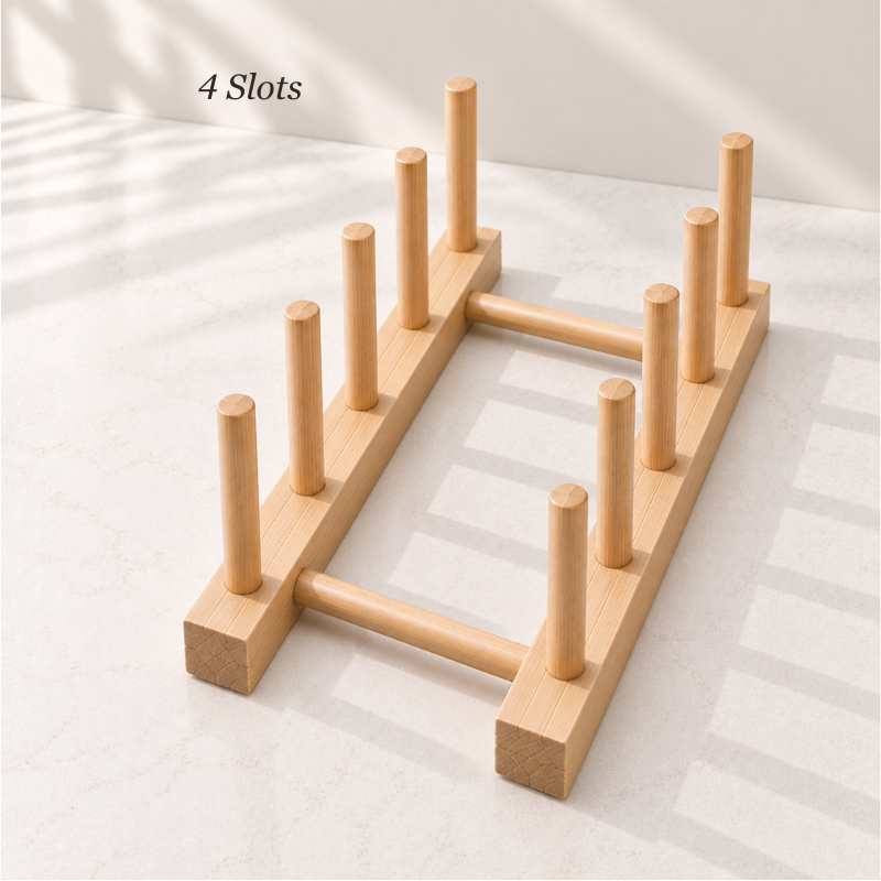 Wooden plate and lid organizer rack with 4 storage slots.