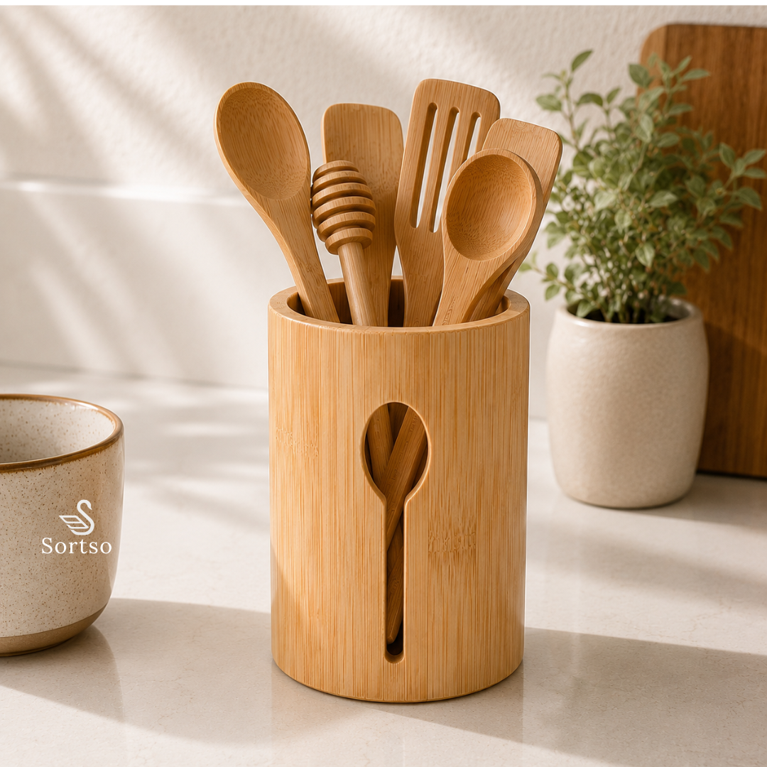 Bamboo kitchen utensil holder for wooden spoons, spatulas and cooking tools