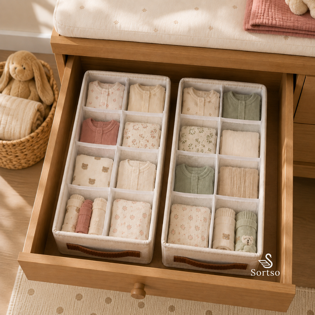 Alt text:
Mesh clothes organizers storing folded baby clothes neatly in a nursery drawer