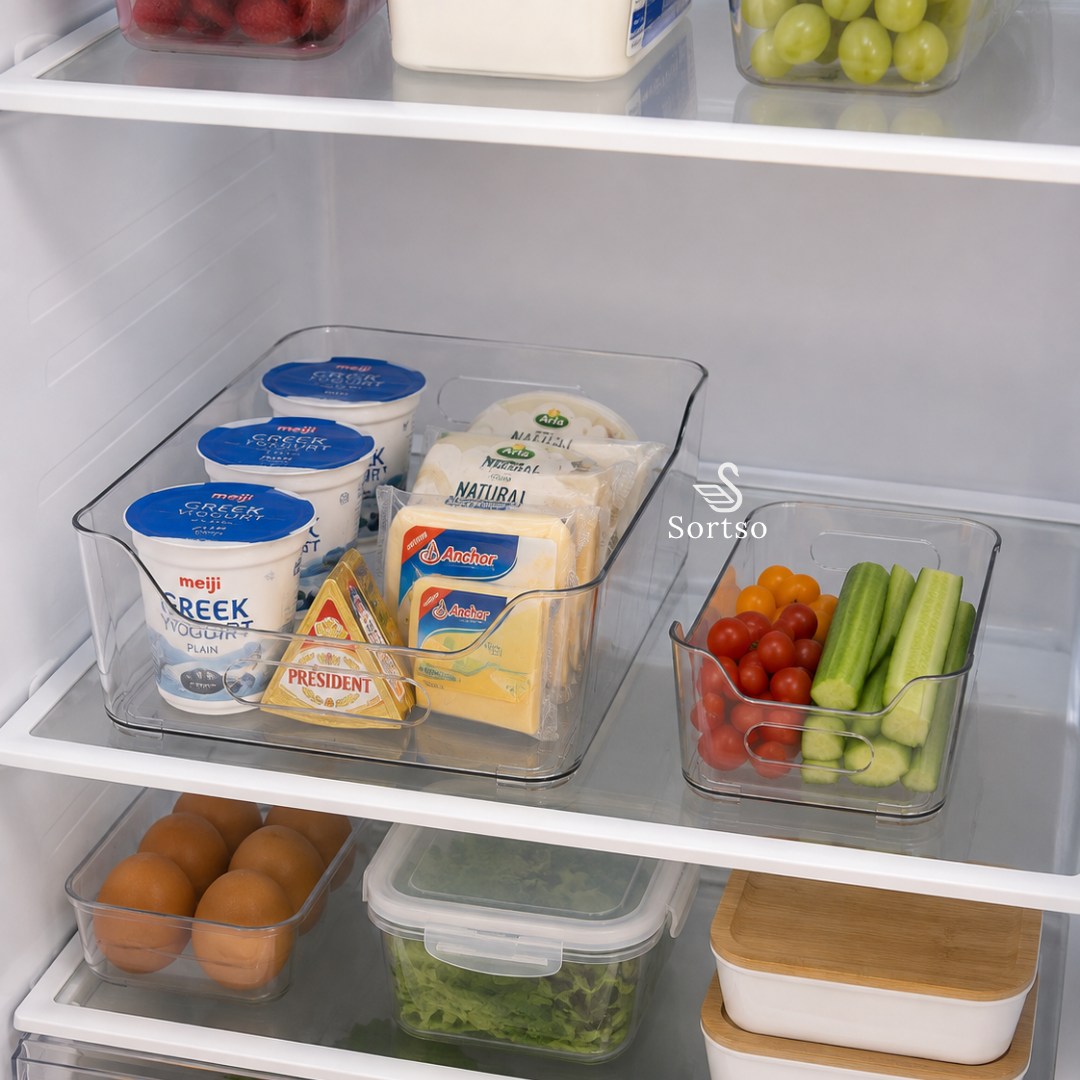 Clear fridge organizer bins storing yogurt, cheese, tomatoes and cucumbers