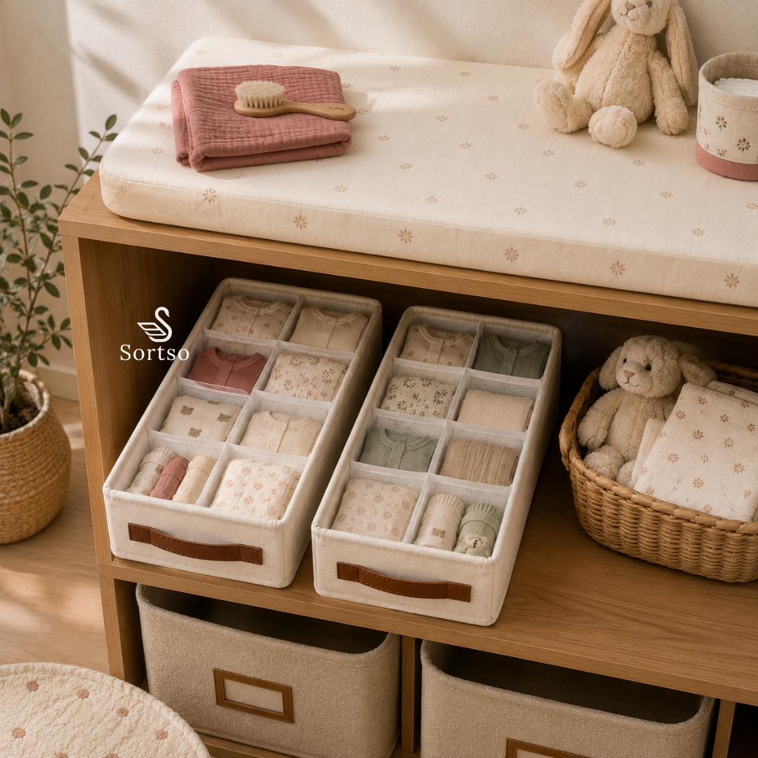 Mesh clothes organizers storing folded baby clothes on a nursery shelf
