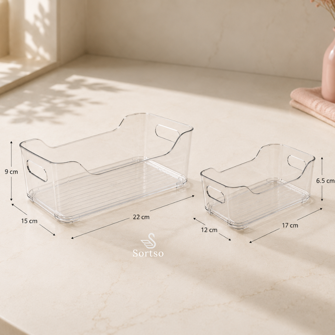 Clear fridge organizer bins in two sizes with dimensions