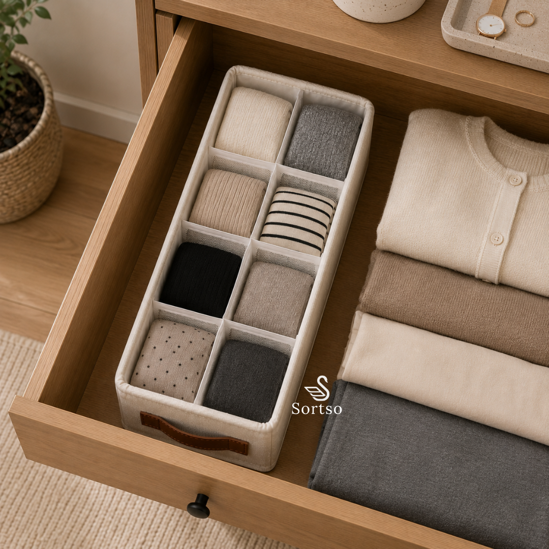 8-compartment mesh clothes organizer storing folded socks and small clothing in a wardrobe drawer