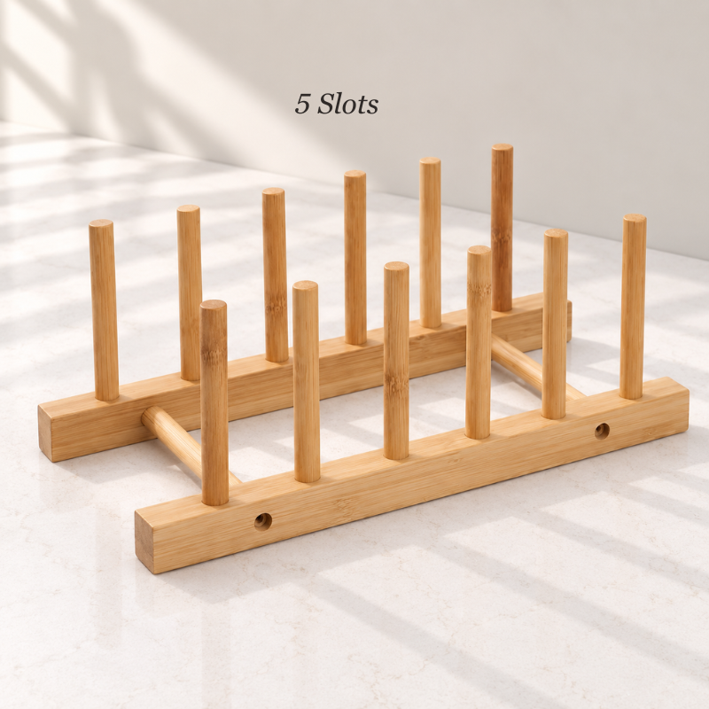 Wooden plate and lid organizer rack with 5 storage slots.