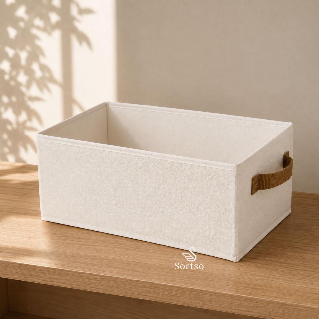 Large cream fabric storage bin with brown carry handle on a wooden shelf