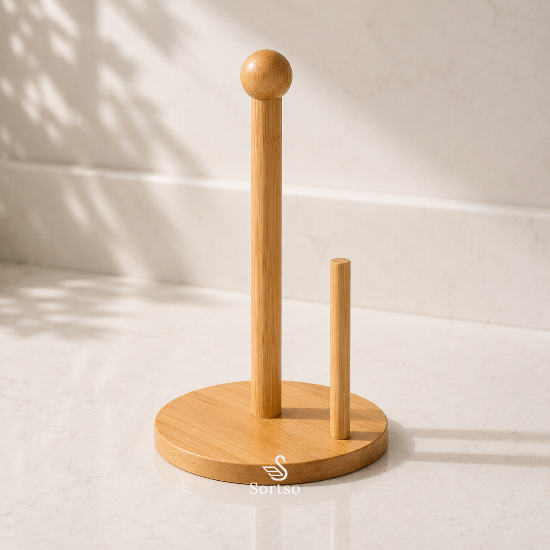 Bamboo kitchen roll holder with round base and paper towel support