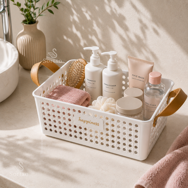 hite storage basket holding skincare, haircare and bathroom essentials on a vanity counter
