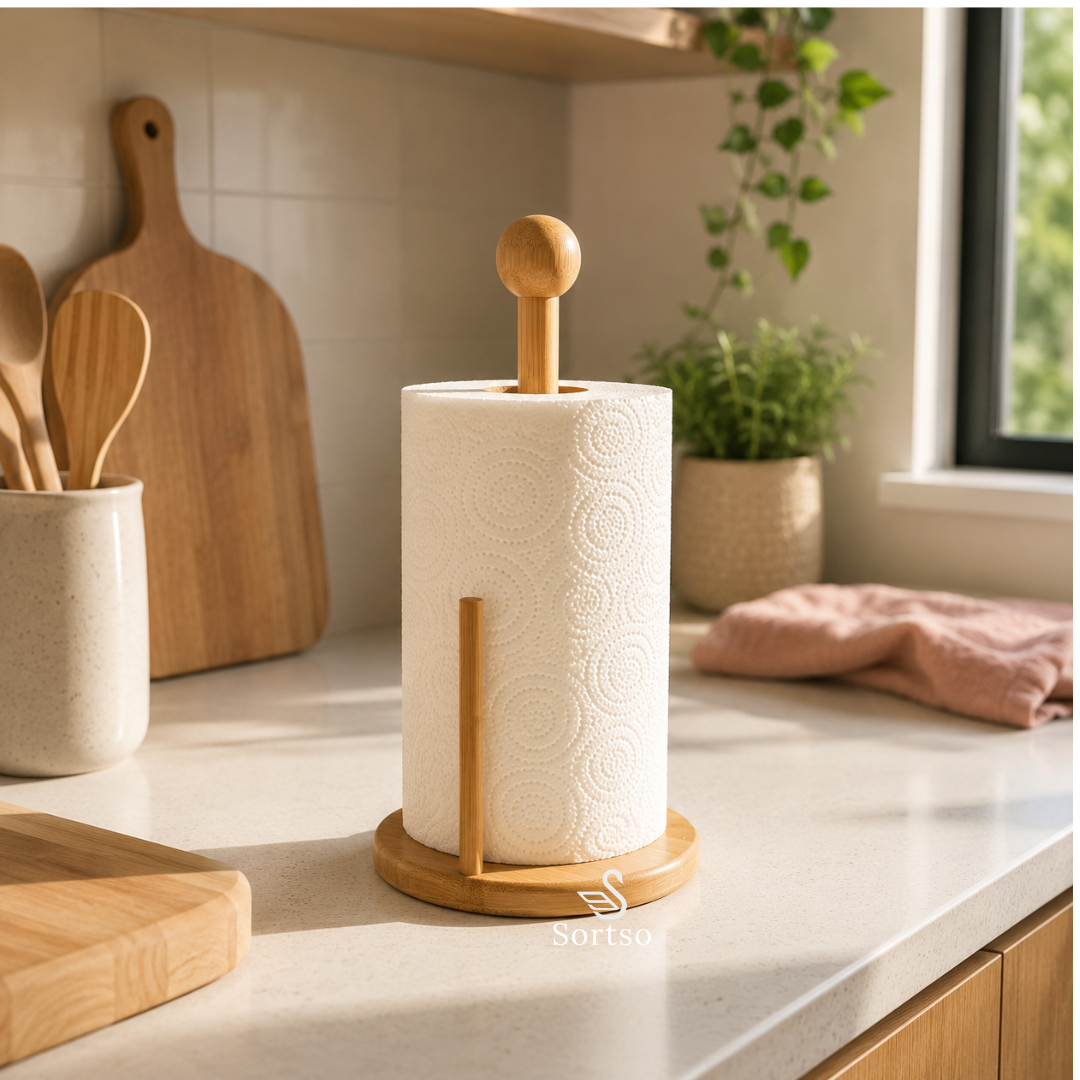 Bamboo kitchen roll holder with paper towel roll on kitchen counter
