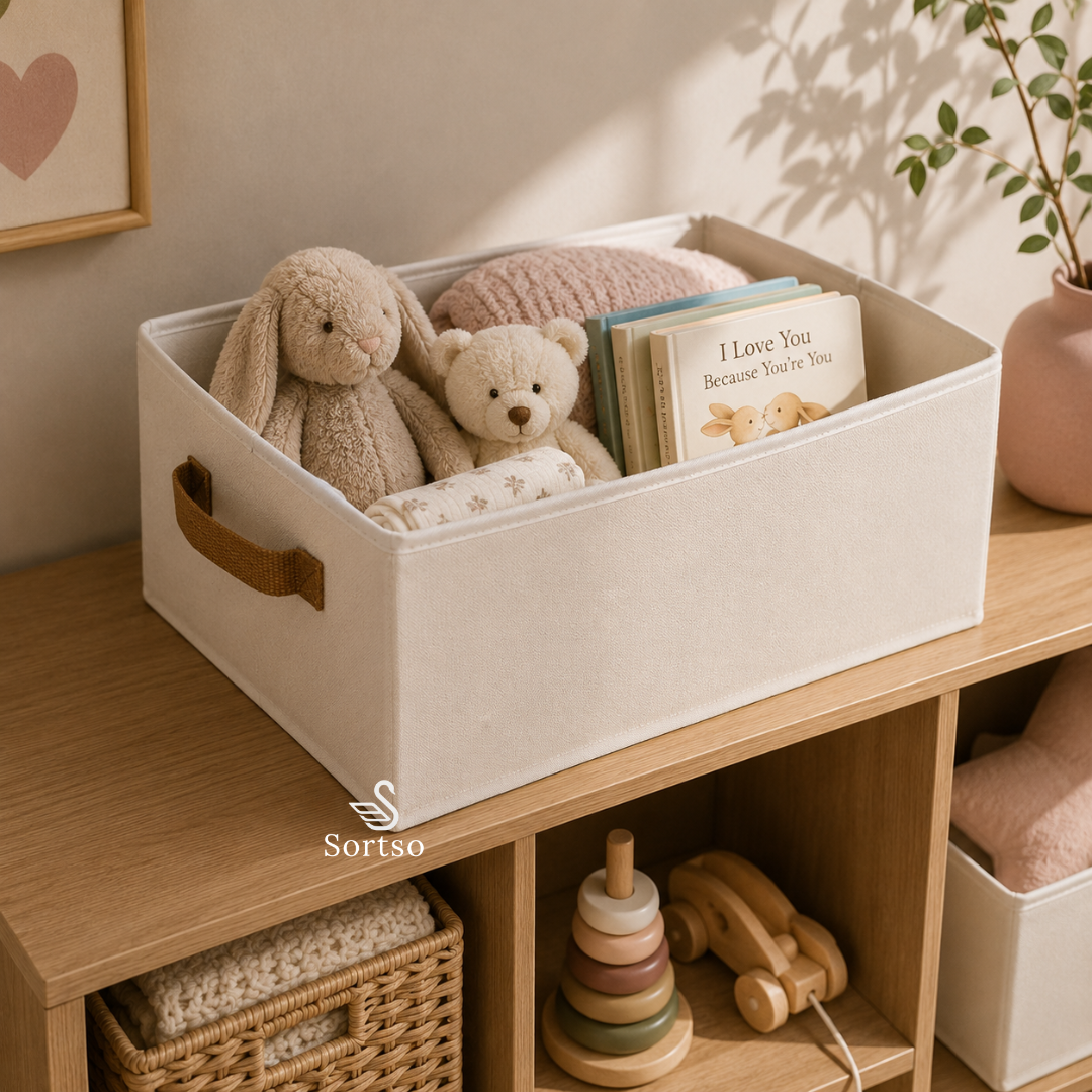 Large cream fabric storage bin holding baby toys, blankets and books on a nursery shelf