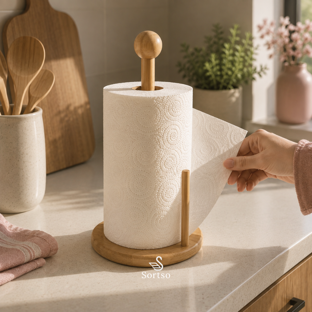 Bamboo kitchen roll holder dispensing a paper towel on kitchen counter
