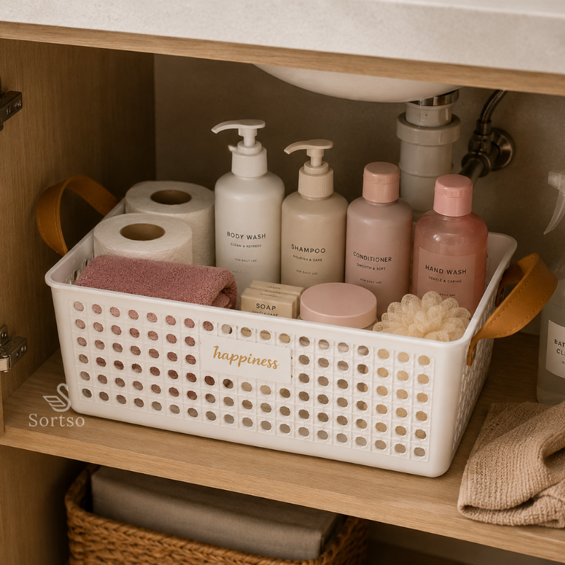 White storage basket holding toiletries and bathroom essentials under the sink