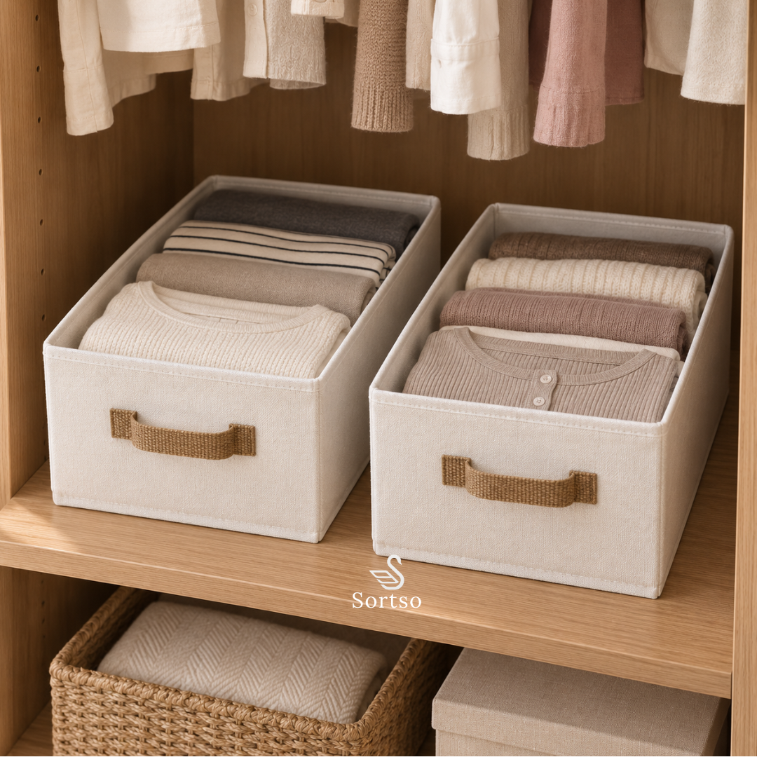 Two large cream fabric storage bins organizing folded clothes on a wardrobe shelf