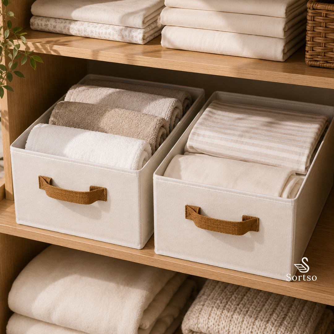 Two large cream fabric storage bins organizing towels and folded linens on a wooden shelf