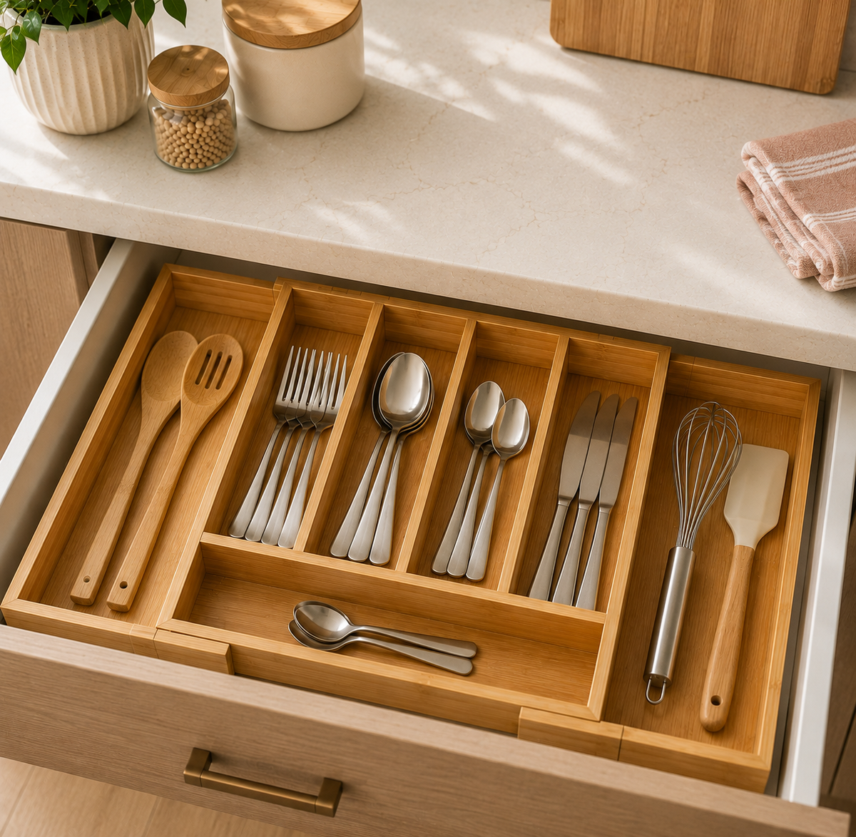 Expandable bamboo cutlery organizer fitted inside a kitchen drawer, showing how the extended sides create extra space for larger utensils.