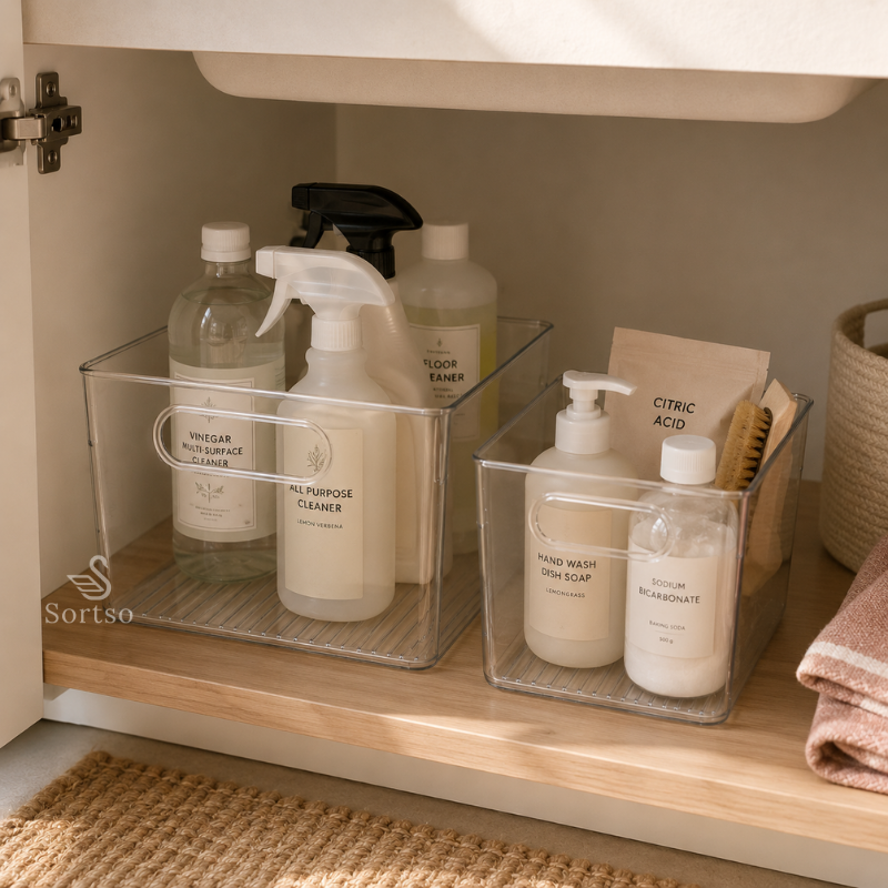 Clear storage bins with handles organizing cleaning supplies under the sink