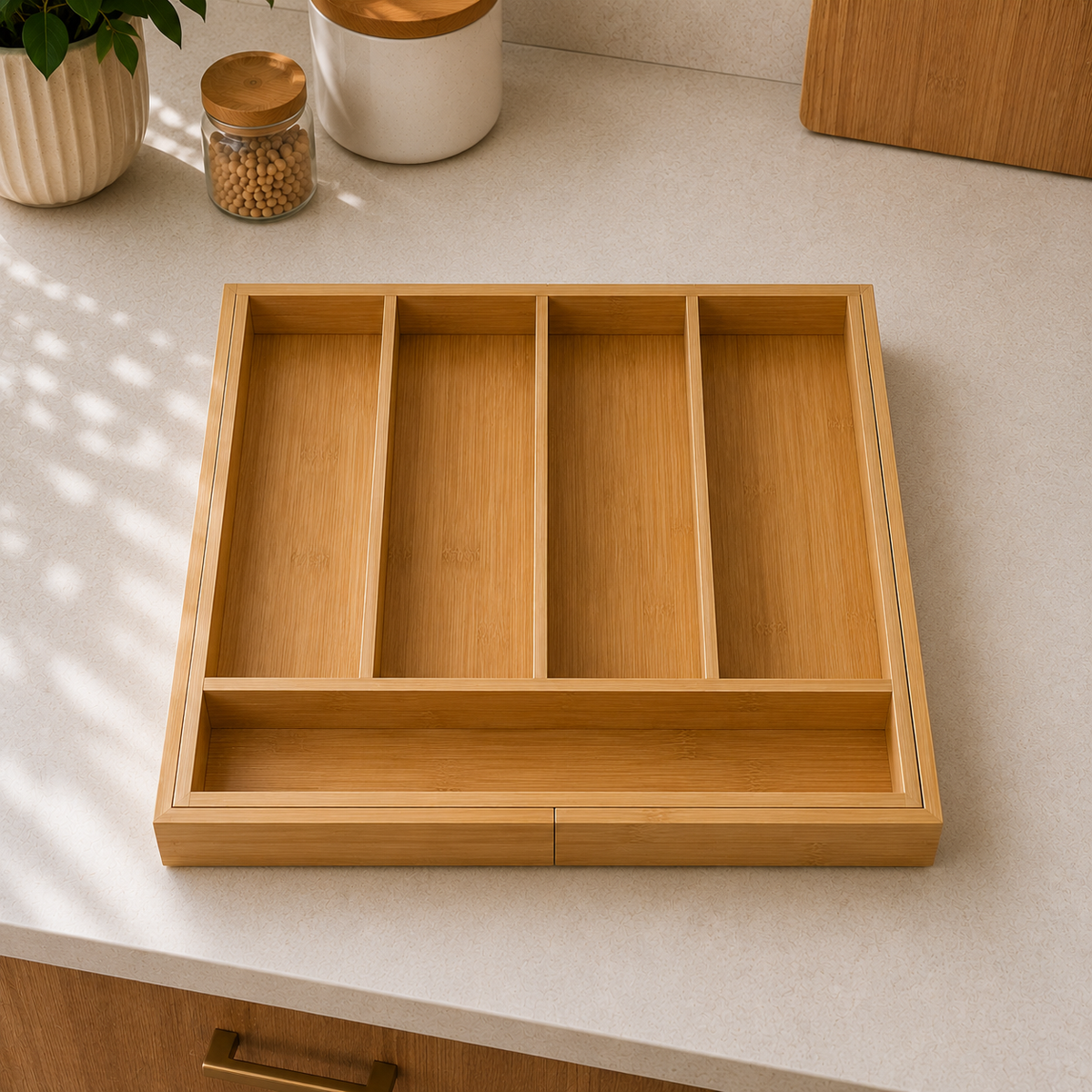 Expandable bamboo cutlery organizer shown in its compact configuration, with four long compartments and a separate horizontal section for smaller utensils.