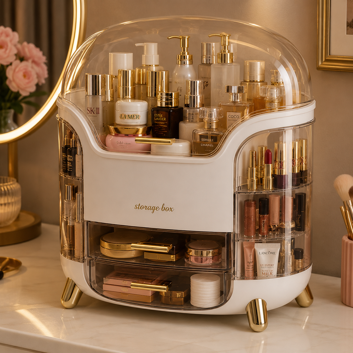 Vanity and makeup organizer filled with skincare, cosmetics, perfumes and lipsticks on a dressing table
