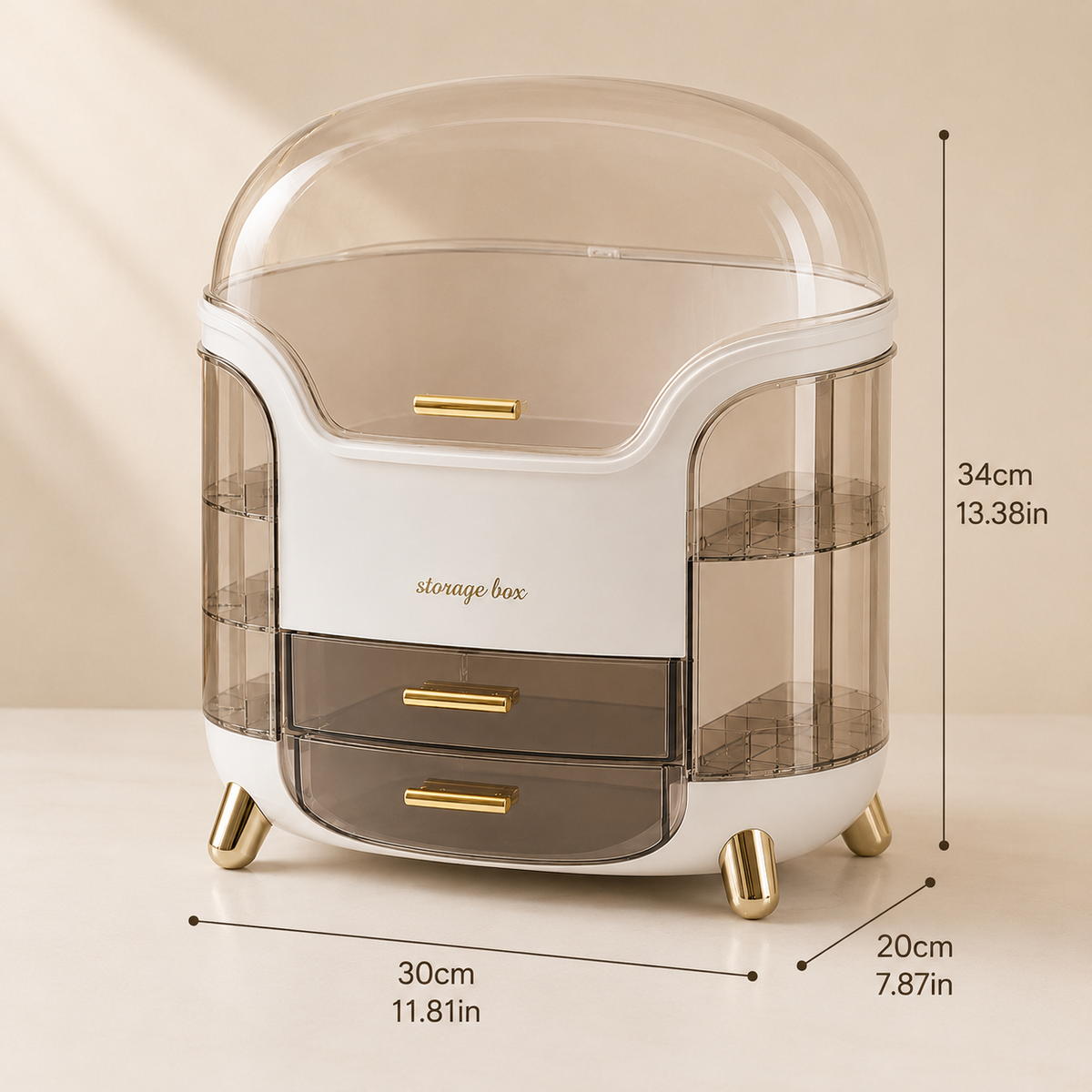 Vanity and makeup organizer showing 30 × 20 × 34 cm dimensions