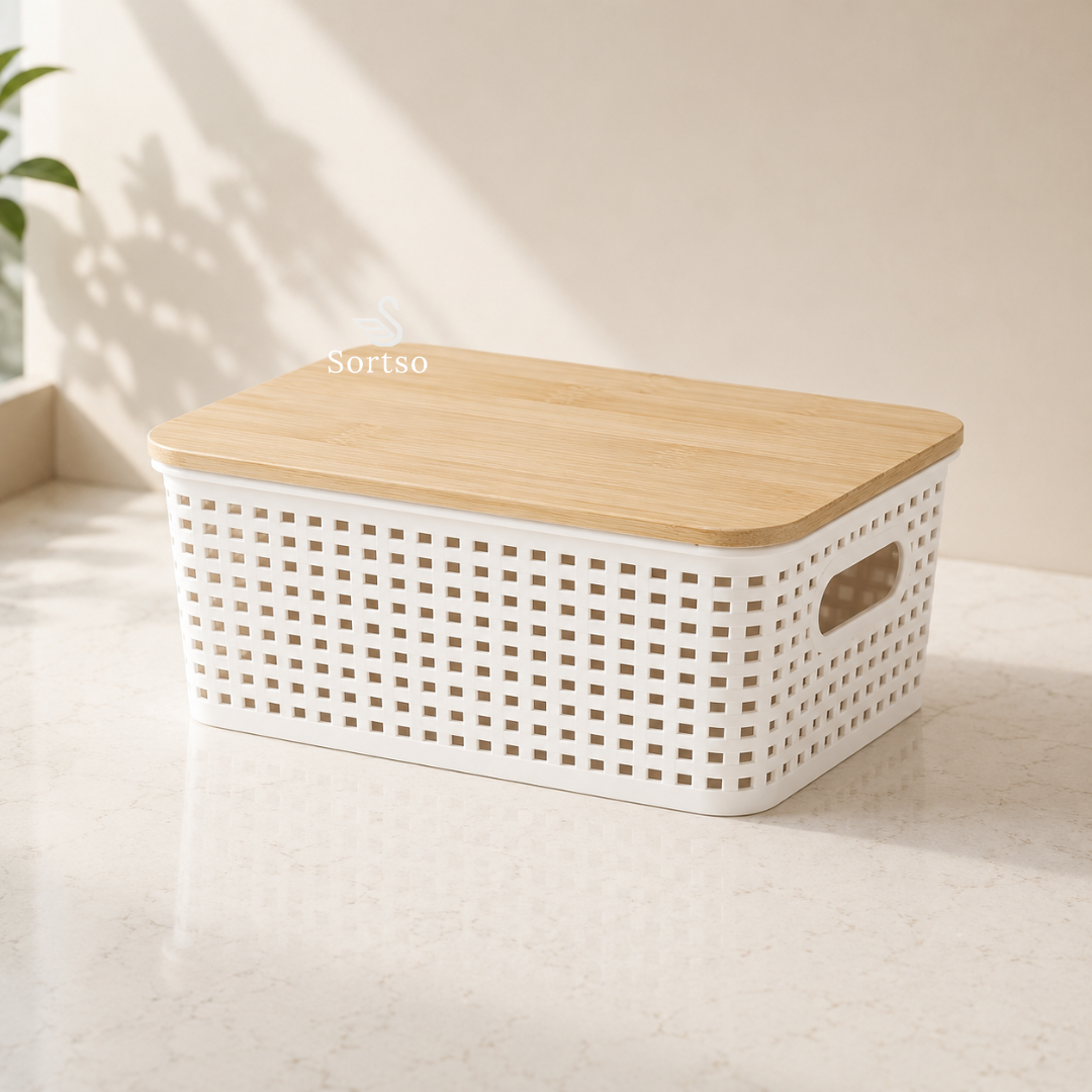 Ventilated pantry storage basket with bamboo lid in Pakistan