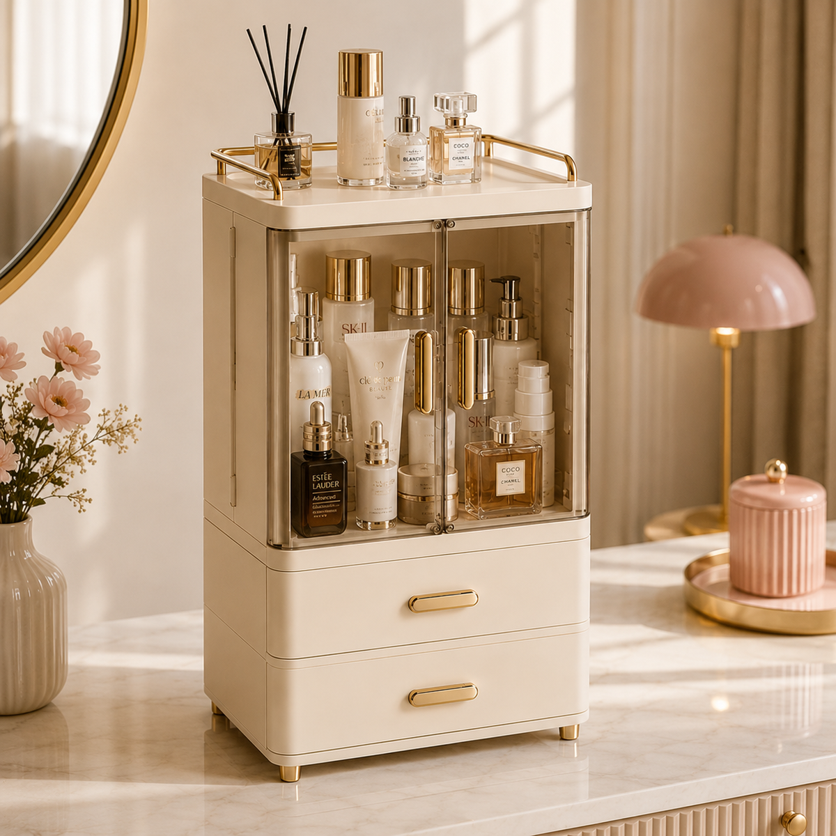 Tall vanity and skincare organizer filled with skincare bottles and perfumes on a dressing table