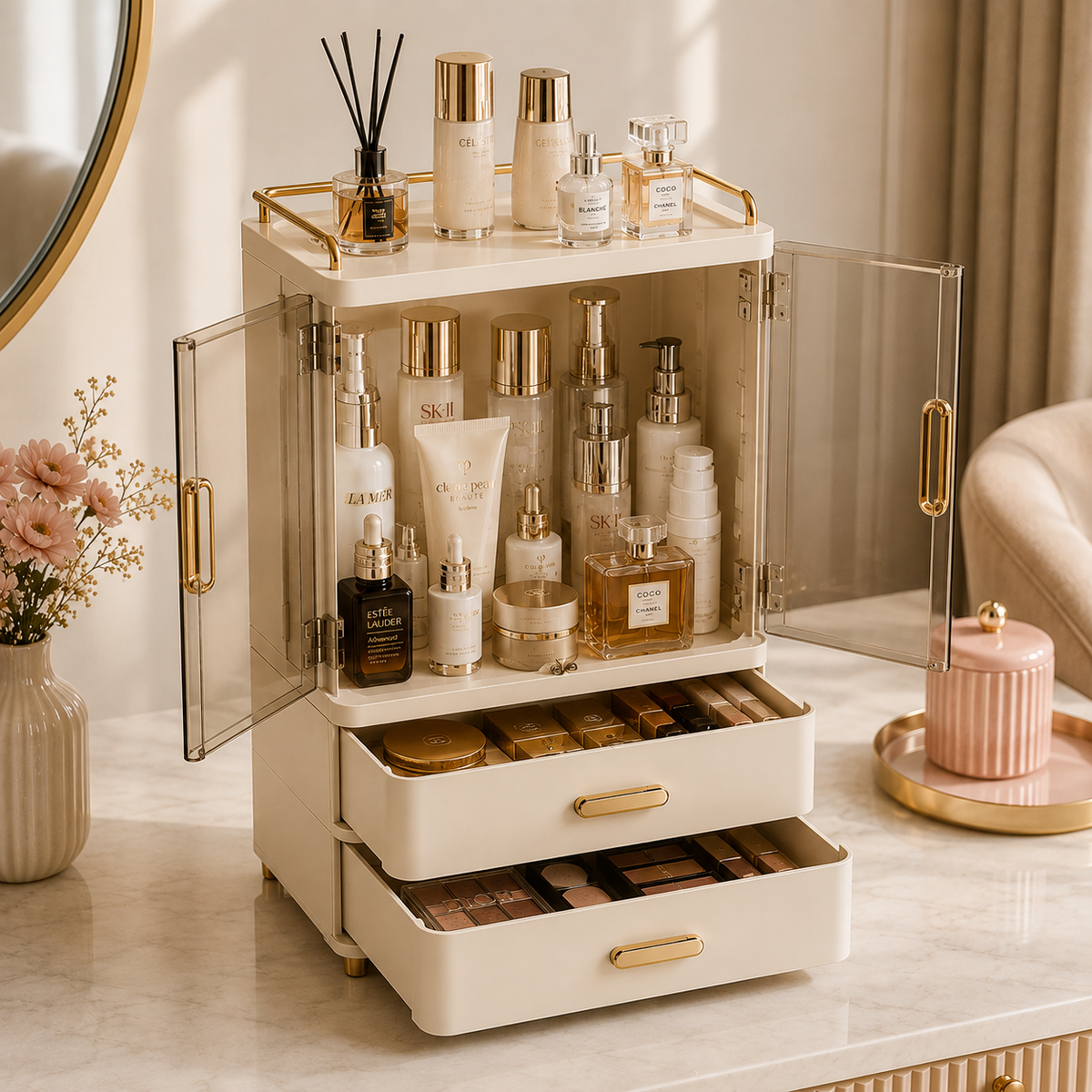 Tall vanity and skincare organizer with open doors and drawers filled with skincare, perfumes and makeup