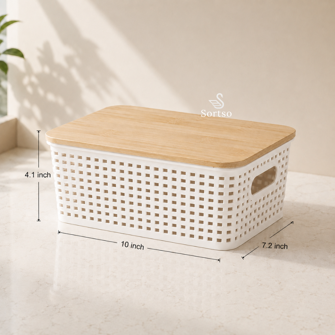 Ventilated pantry storage basket with bamboo lid - 10 x 7.2 x 4.1 inch dimensions
