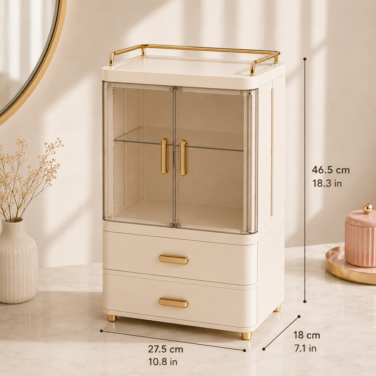 Tall vanity and skincare organizer showing 27.5 × 18 × 46.5 cm dimensions