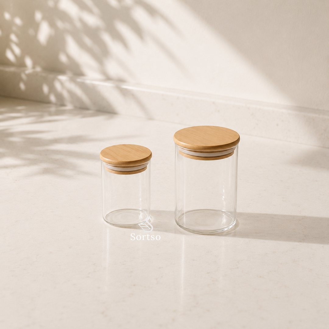 Mini glass storage jars with bamboo lids in Pakistan - small and large sizes