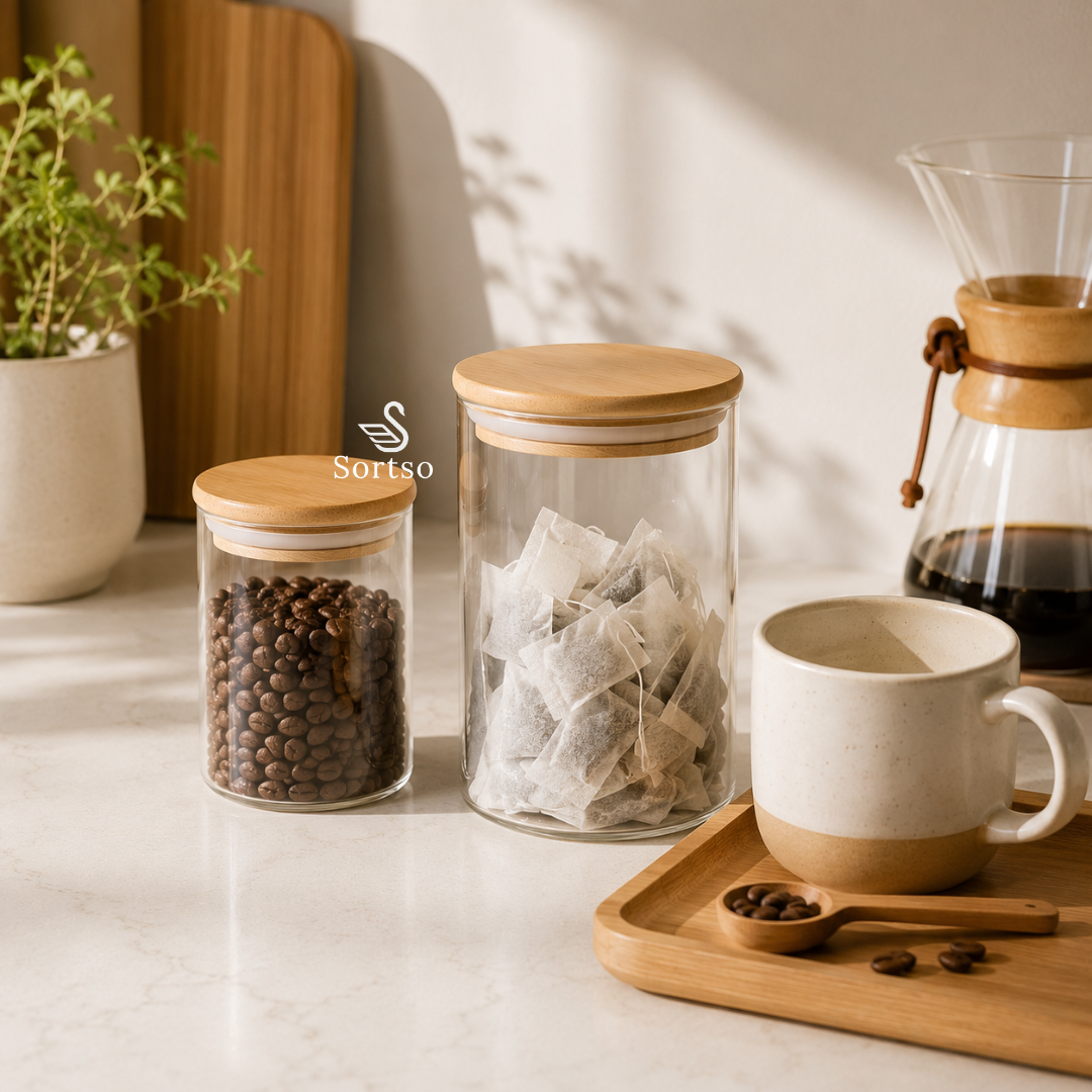 Mini glass storage jars with bamboo lids for coffee beans, tea bags and kitchen storage