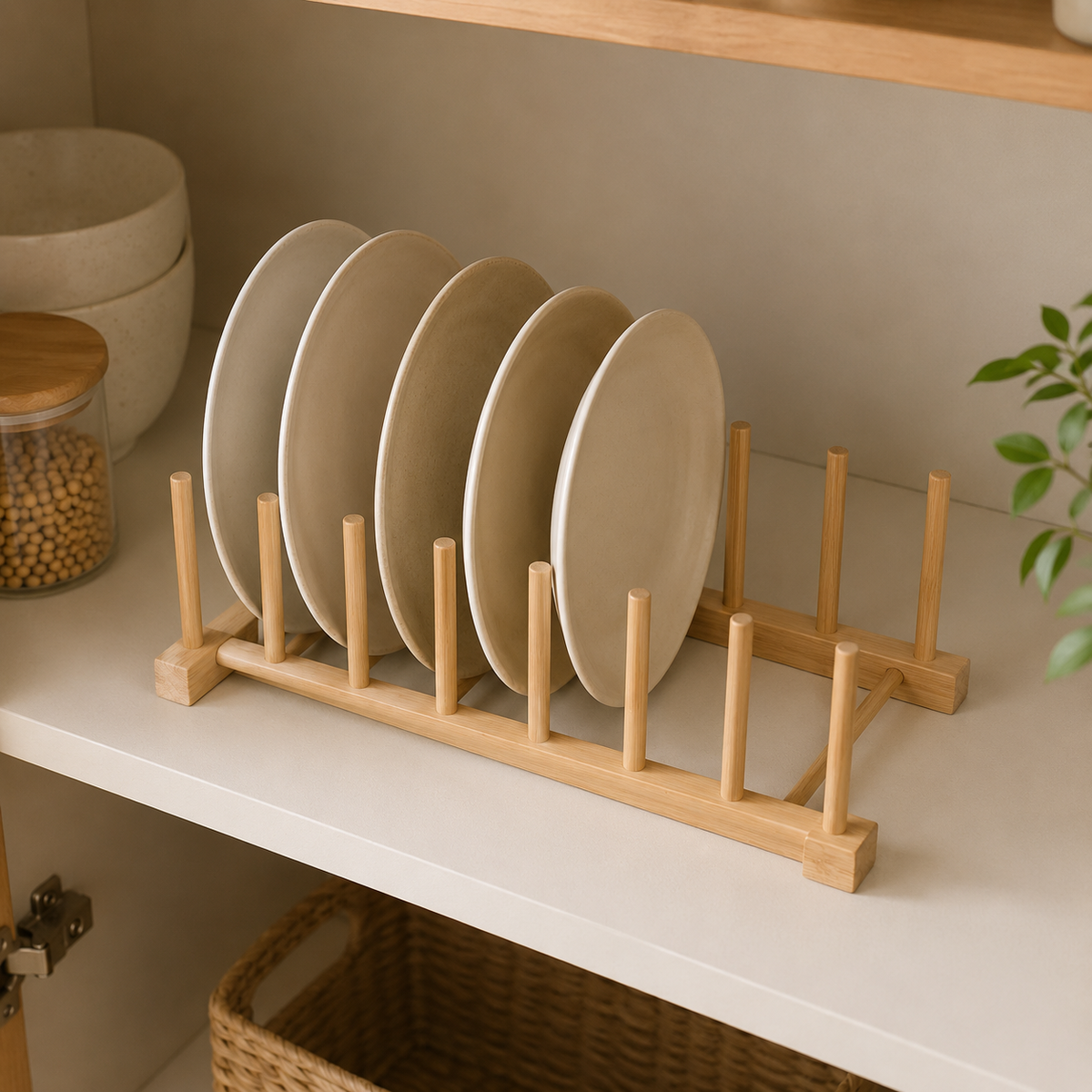 Wooden plate organizer rack holding plates upright on a kitchen cabinet shelf.