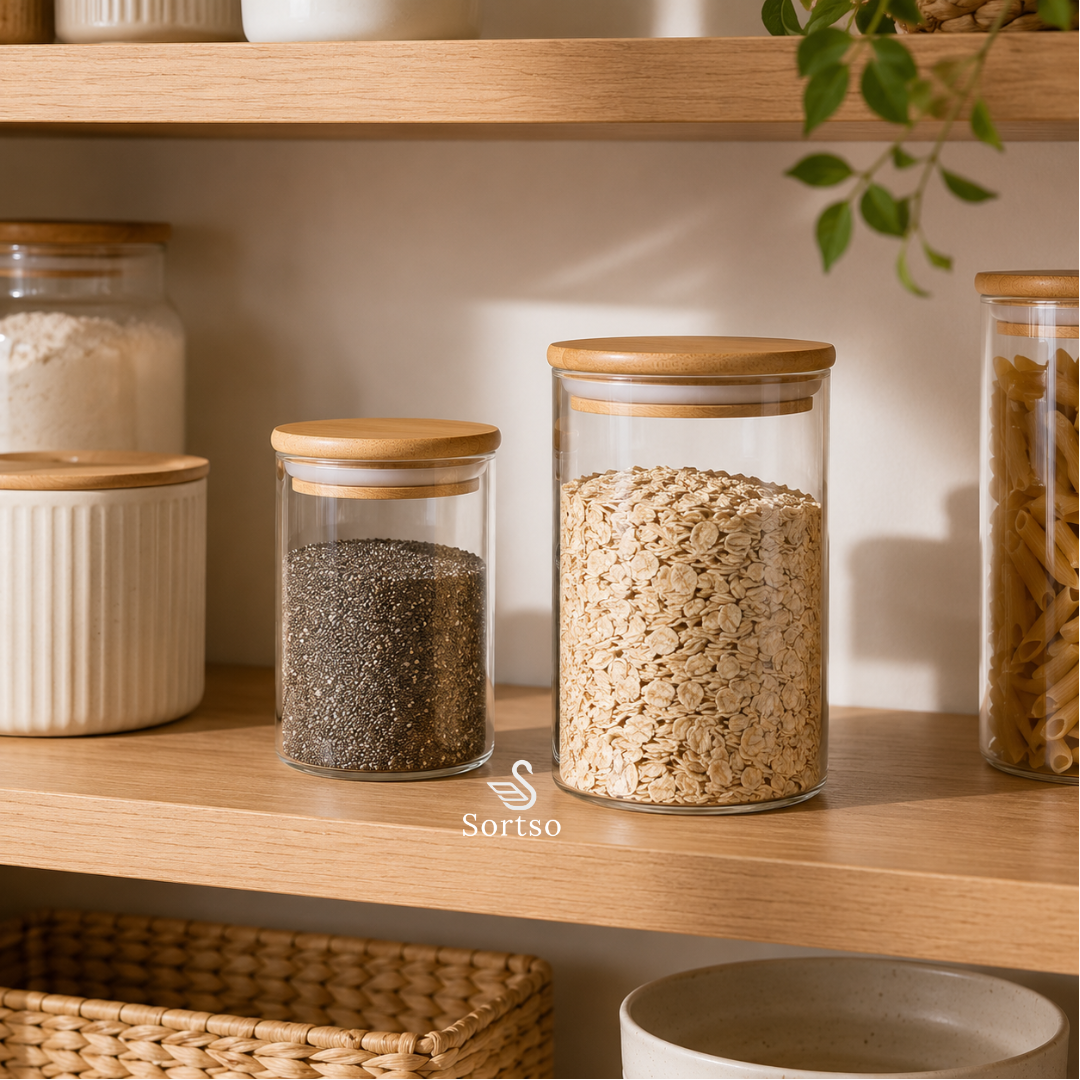 Mini glass pantry jars with bamboo lids for chia seeds, oats and dry food storage