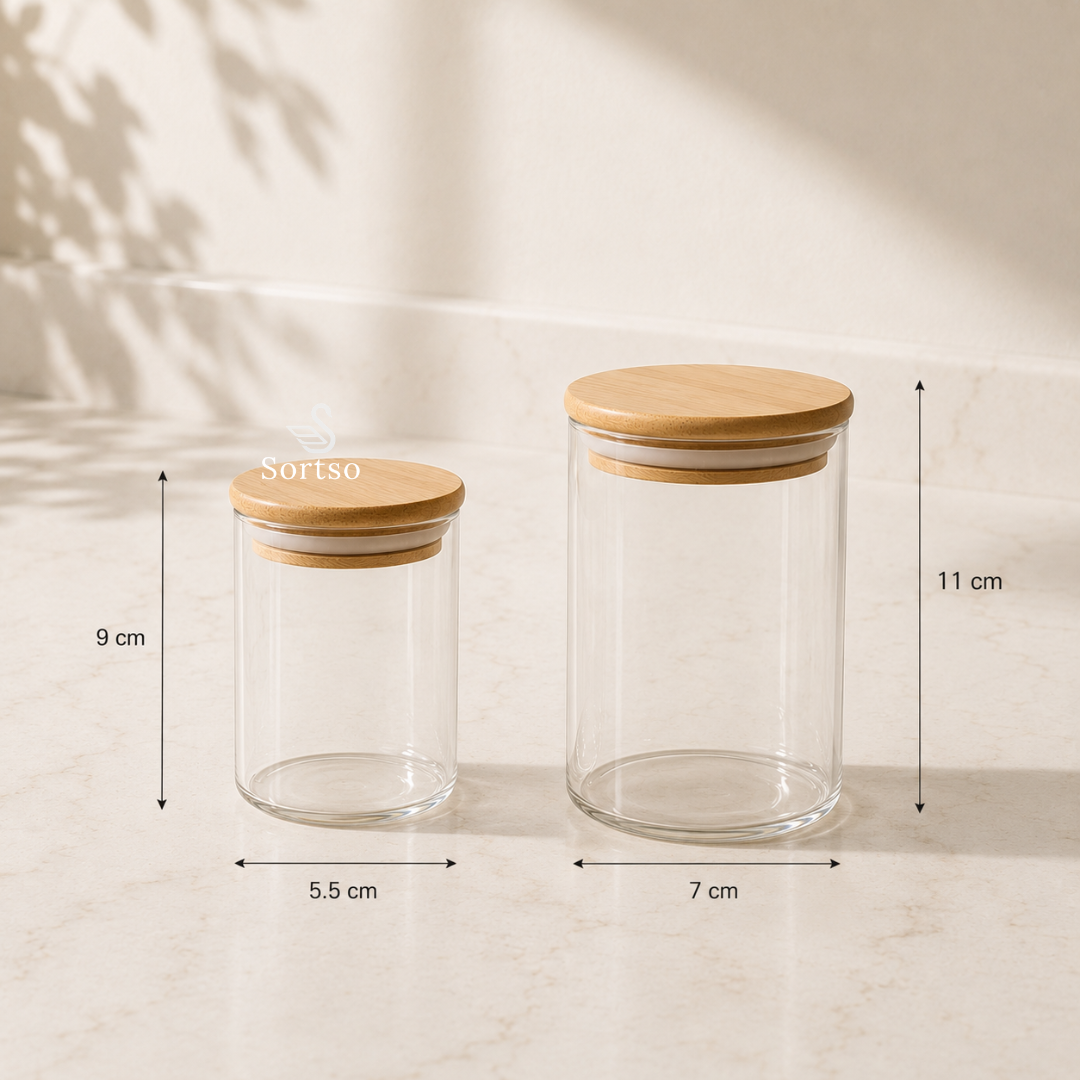 Mini glass storage jars with bamboo lids - small 9 x 5.5 cm and large 11 x 7 cm dimensions