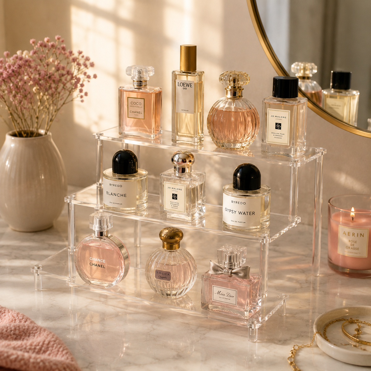 3-tier acrylic display organizer holding perfume bottles neatly arranged on a vanity