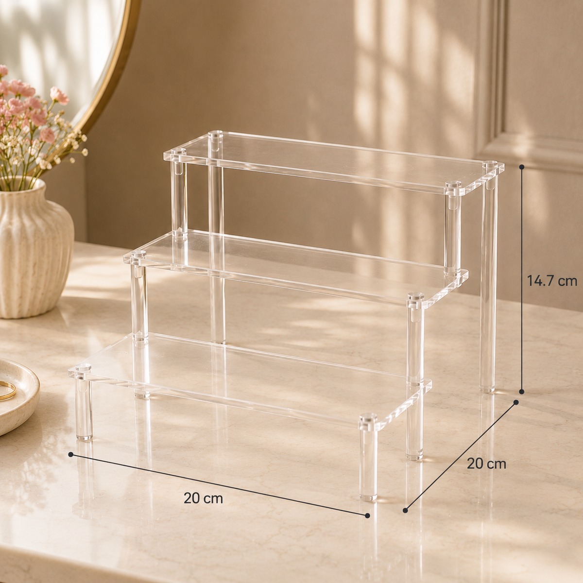 3-tier acrylic display organizer with dimensions 20 × 20 × 14.7 cm
