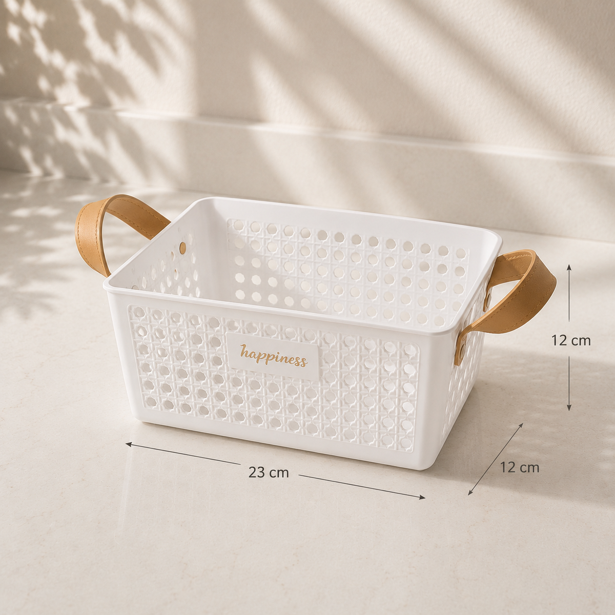 White storage basket with tan handles showing 23 × 12 × 12 cm dimensions