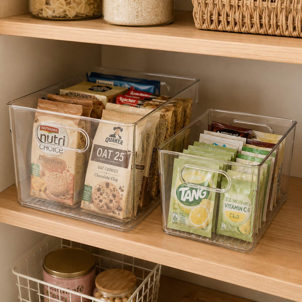Clear storage bins with handles organizing snacks and drink sachets on a pantry shelf