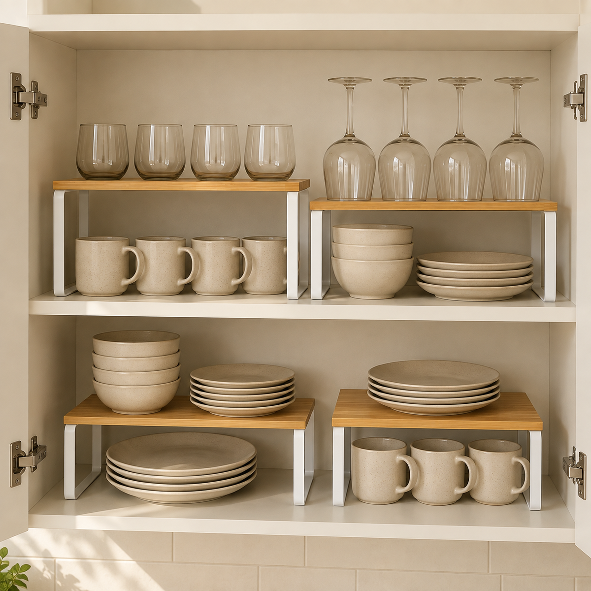 Stackable bamboo cabinet shelf risers organizing plates, bowls, mugs and glasses inside a kitchen cabinet.