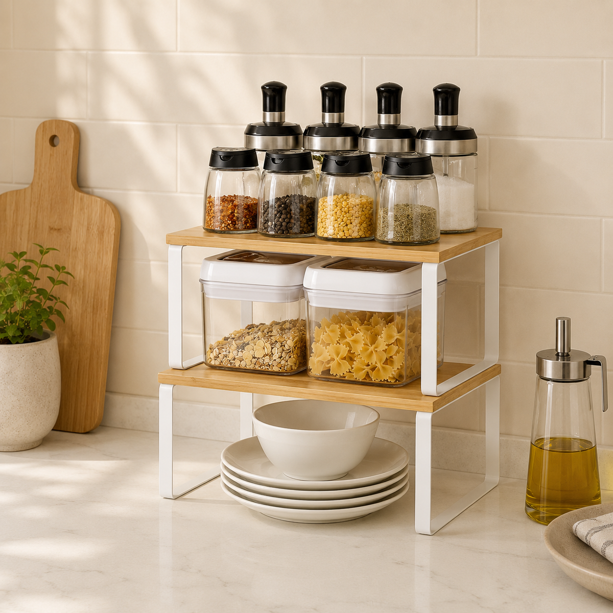 Stackable bamboo shelf risers creating extra storage for spice jars, pantry containers, bowls and plates on a kitchen counter