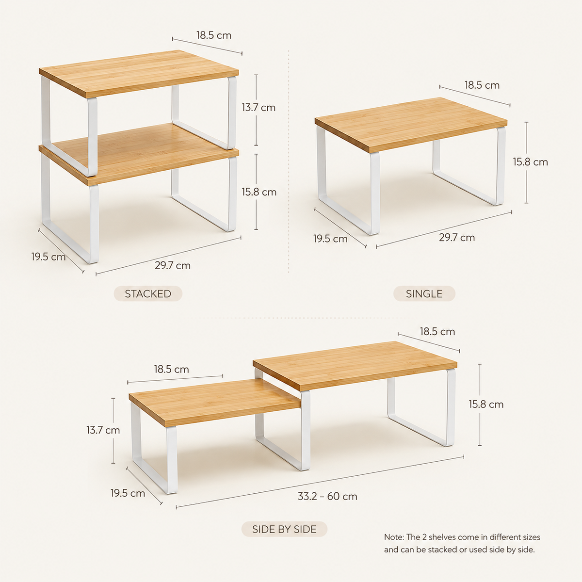 Stackable bamboo cabinet shelf risers shown stacked, individually and side by side with dimensions.