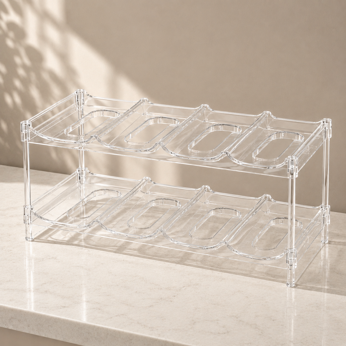 Clear 2-tier tumbler storage rack with 8 individual slots for bottles and tumblers.