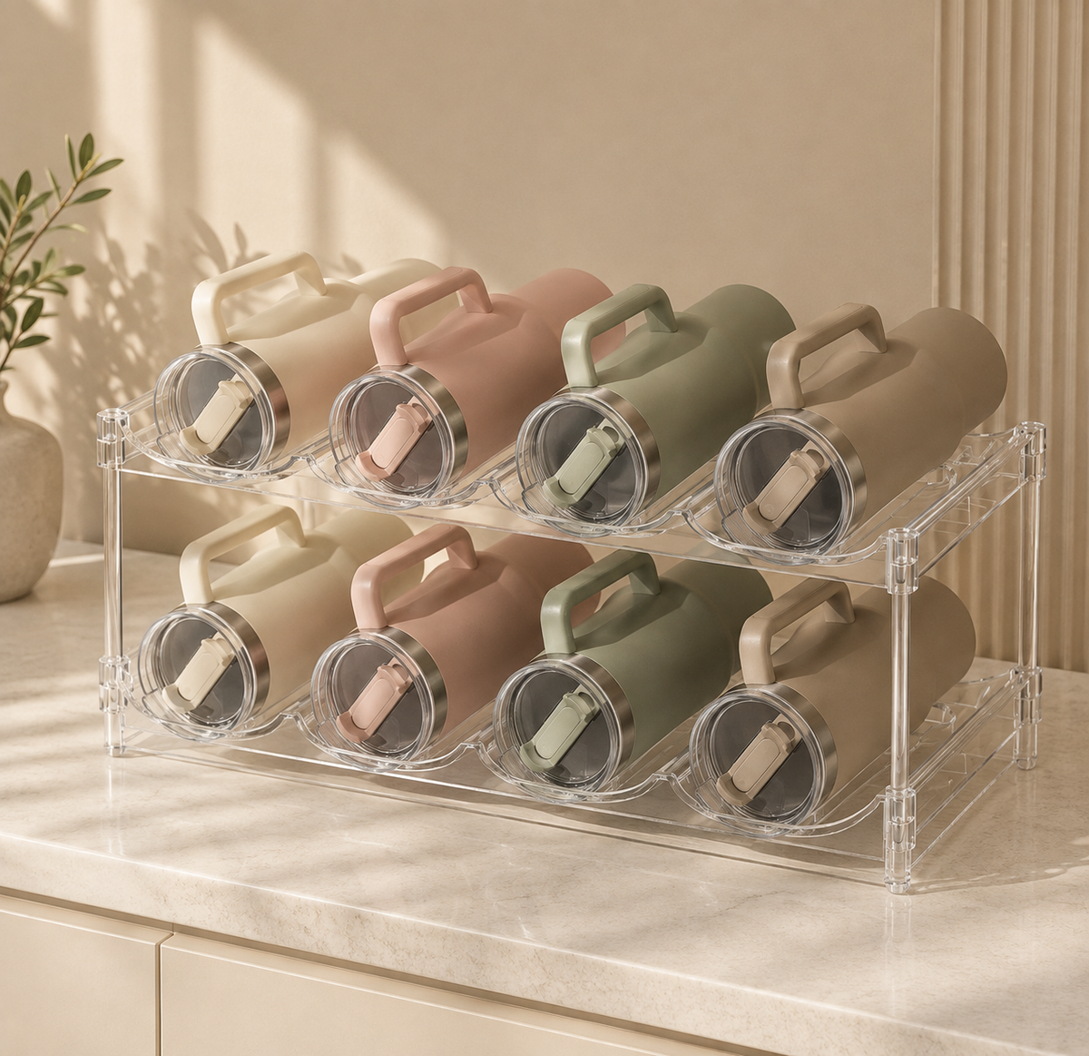 Eight tumblers stored neatly in the clear 2-tier rack, keeping each one separated, visible and easy to reach.