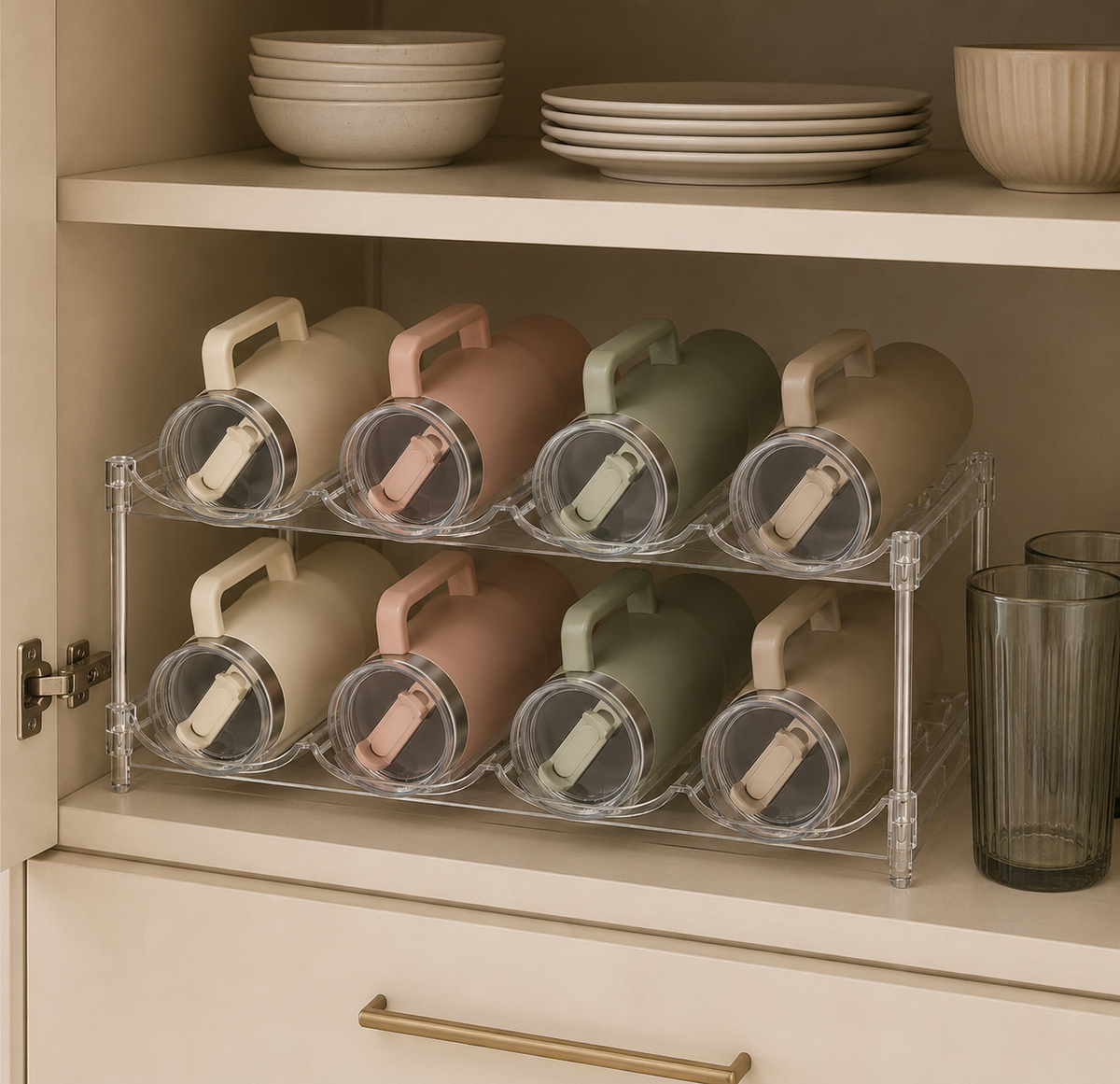 2-Tier Tumbler Storage Rack neatly stores 8 handled tumblers inside a kitchen cabinet, making better use of vertical cabinet