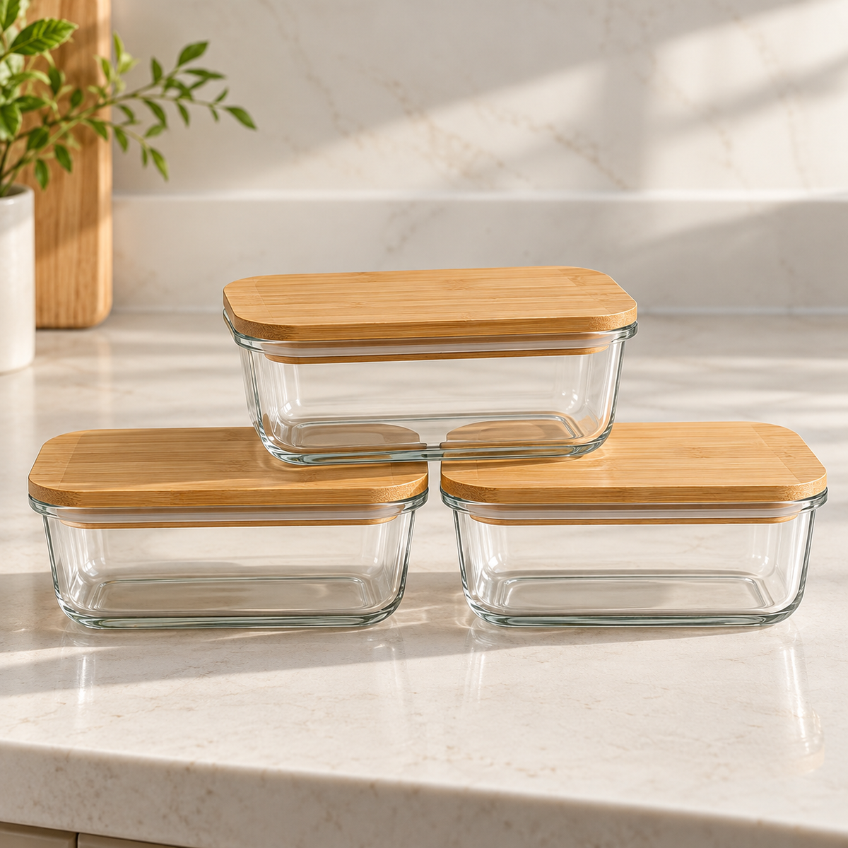 Glass Food Storage Containers with Bamboo Lids – Set of 3