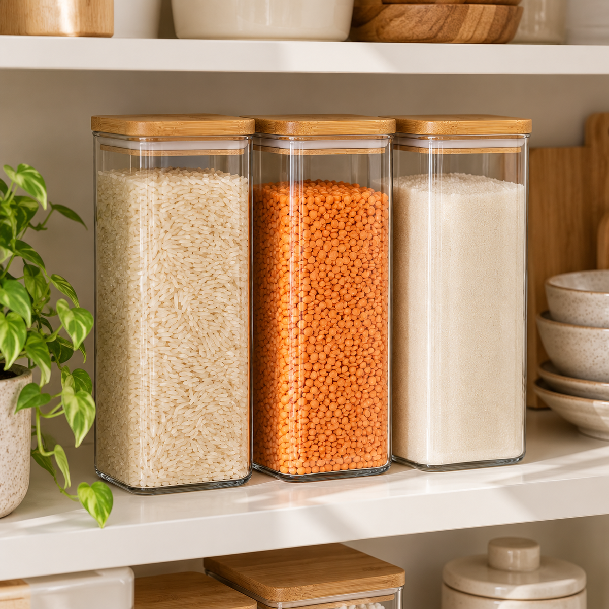 Rectangular glass pantry jars with bamboo lids storing rice, lentils and sugar neatly on an open kitchen shelf.